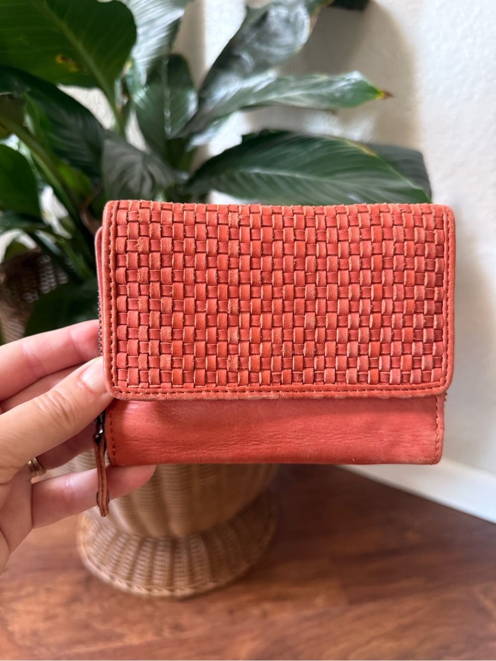 Harbour 2nd “Lou” Leather Trifold Wallet Coral/ Tan Color